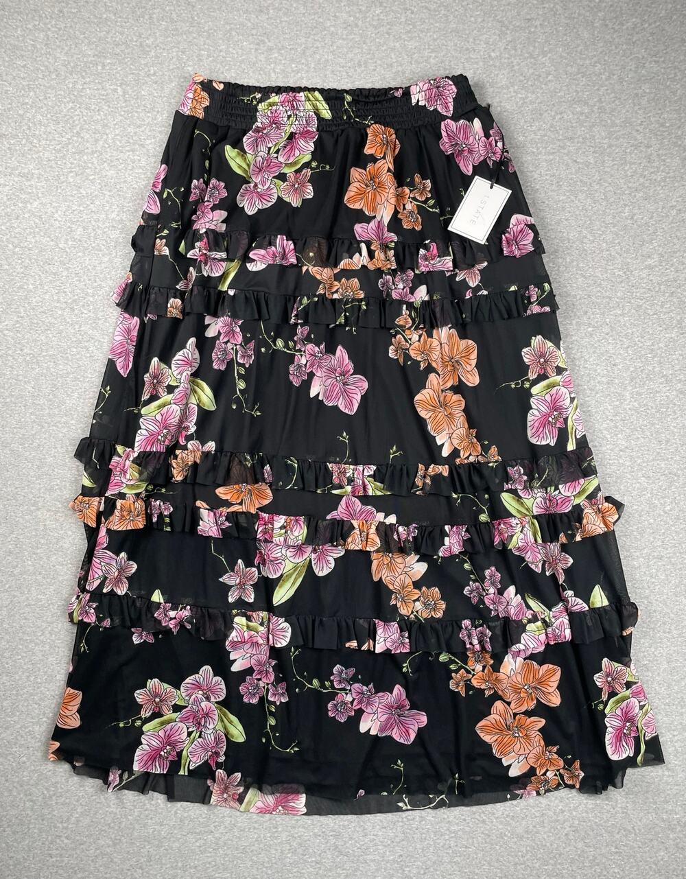 1. STATE Skirt Womens L Black Pink Floral Maxi Tiered Ruffle Boho Whimsigoth